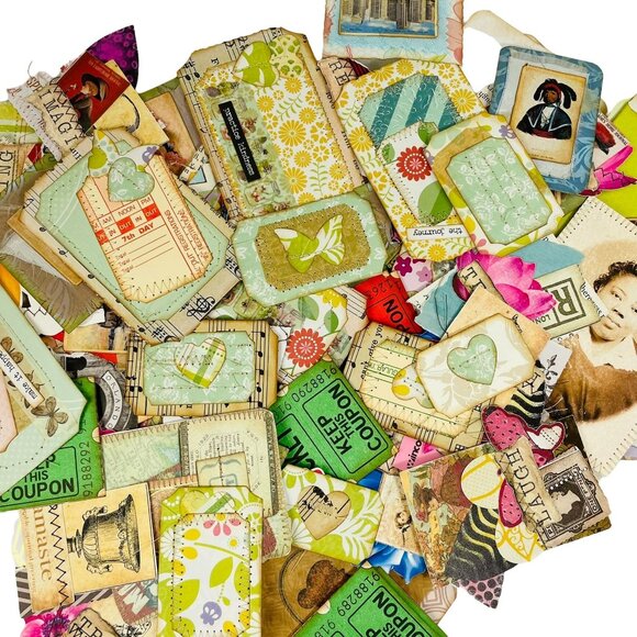 Lot 10 + Pc Junk Journal Snippets Colorful Clusters Sewn Handmade Ephemera mq - Picture 2 of 7